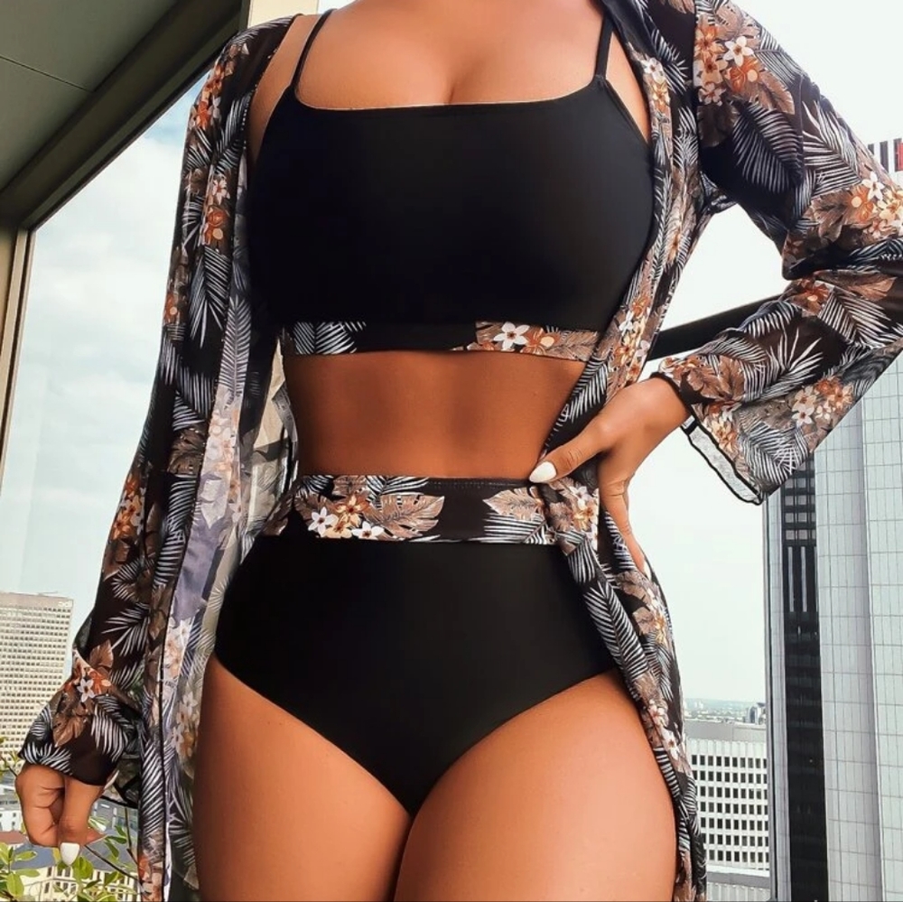 3pack Random Tropical Print High Waist Bikini Swimsuit & Kimono